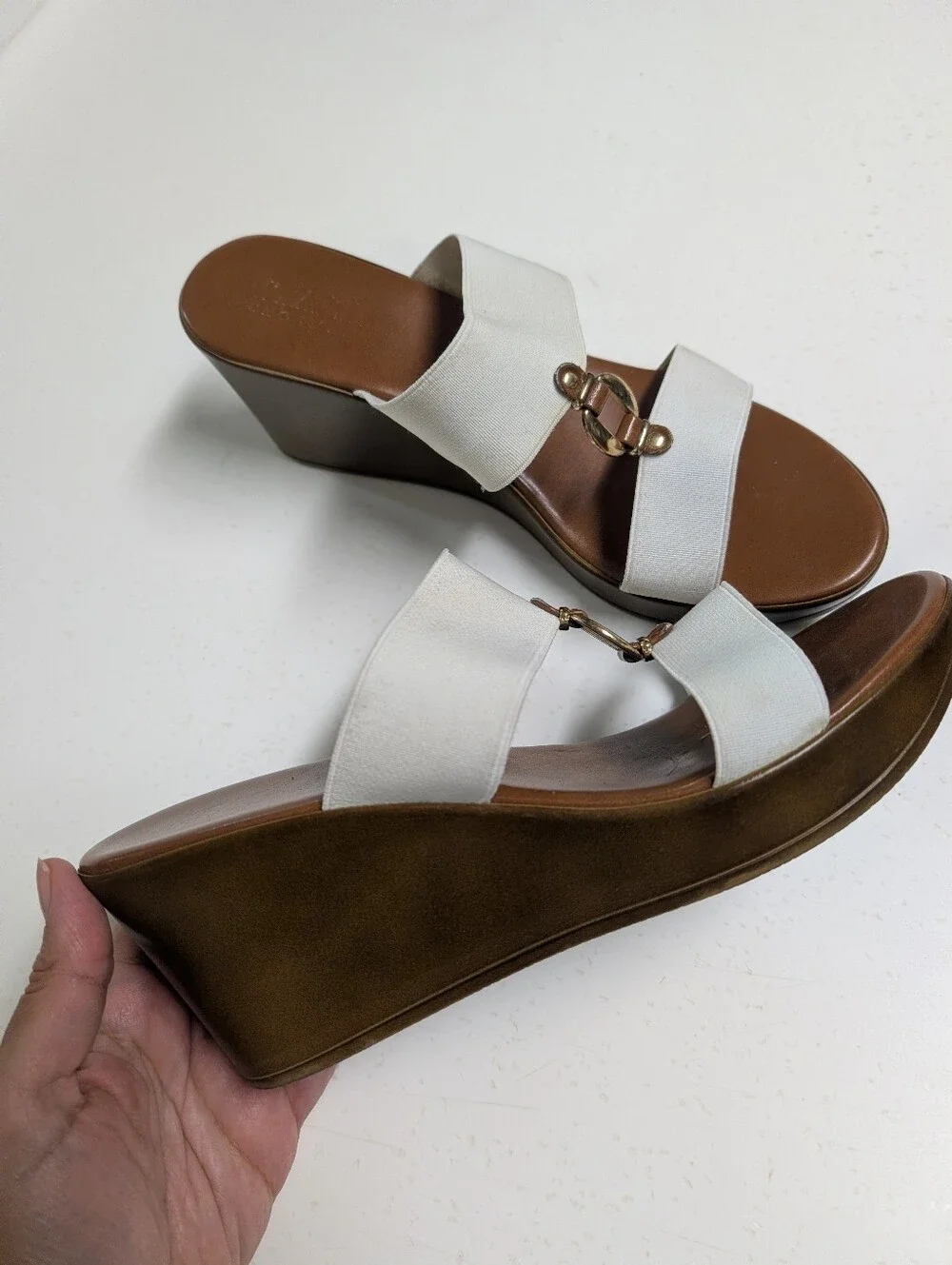 White Double-Strap Wedge Sandals with Gold Accent